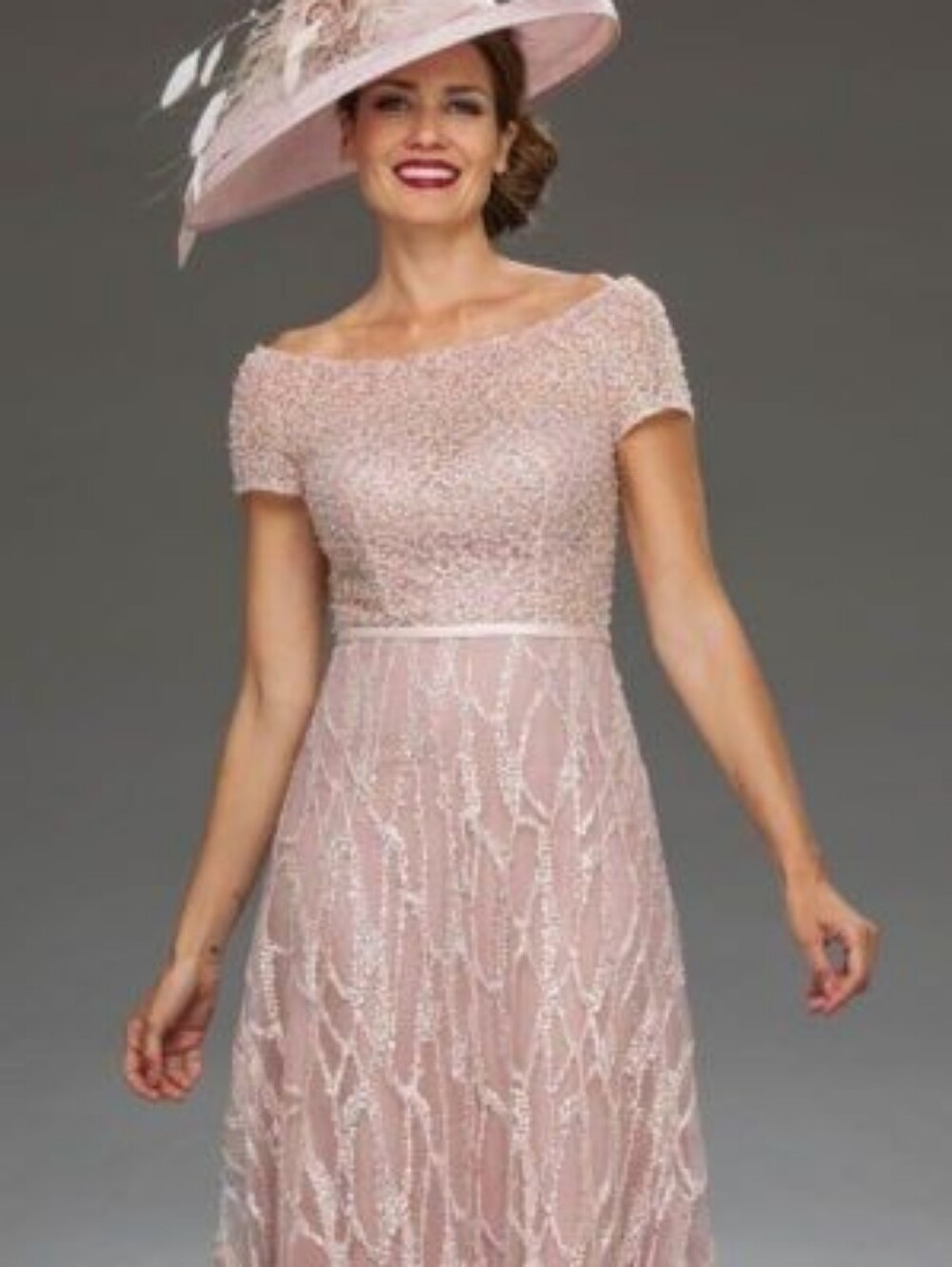 Angel Forever Off-The-Shoulder Beaded Lace Gown - Blush Pink